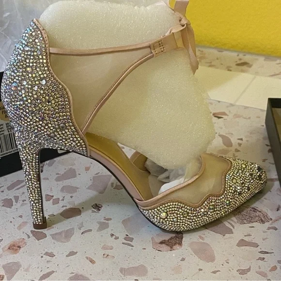 Betsey Johnson Iris Champagne Rhinestone Ankle Strap Stiletto Heels Pumps New - Picture 7 of 14
